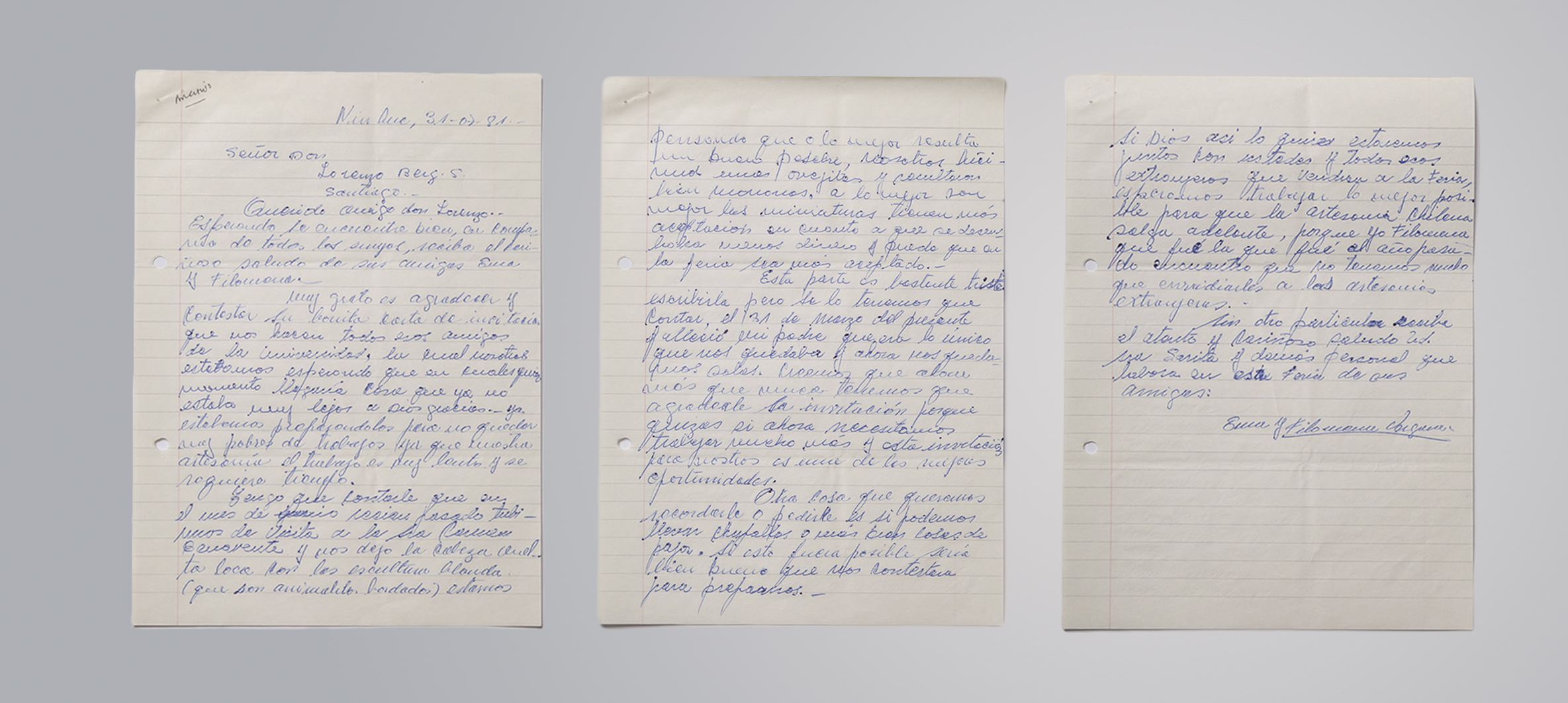 CABECERA Carta de Ema y Filomena Vergara Ninhue Region de Nuble 1983 Archivo Artesania UC